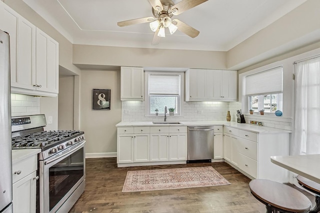 kitchen with a healthy amount of sunlight, appliances with stainless steel finishes, dark wood-type flooring, and a sink