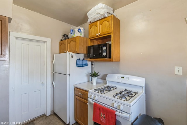 kitchen featuring white appliances, brown cabinets, and light countertops