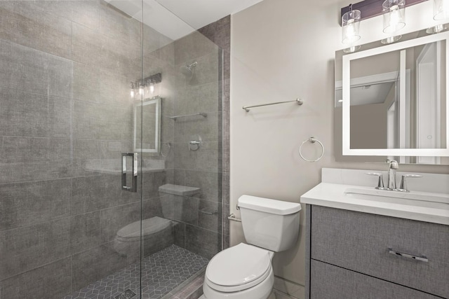 full bathroom featuring vanity, a stall shower, and toilet