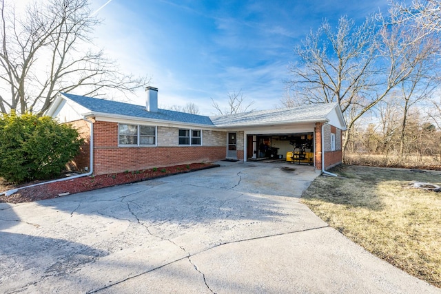 single story home with brick siding, a shingled roof, concrete driveway, a chimney, and an attached garage