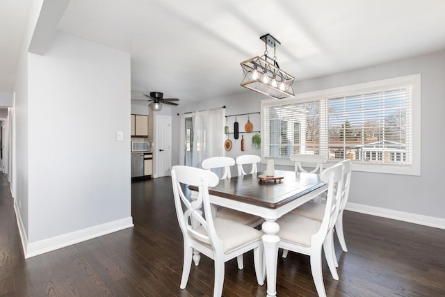 dining room featuring ceiling fan, dark wood-type flooring, and baseboards