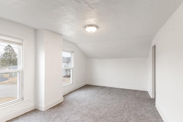 additional living space featuring lofted ceiling, carpet flooring, baseboards, and a textured ceiling