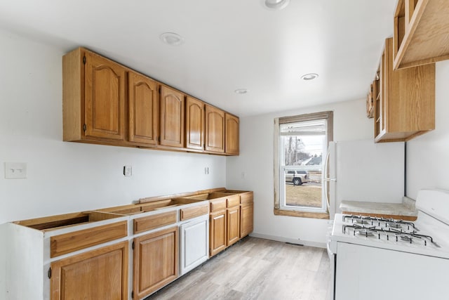 kitchen with white appliances, brown cabinetry, baseboards, recessed lighting, and light wood-type flooring