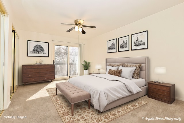 bedroom with light colored carpet, a ceiling fan, and access to outside