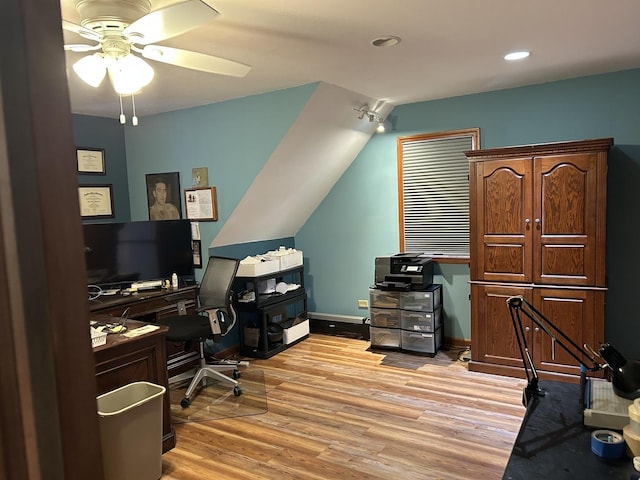 home office featuring a ceiling fan, recessed lighting, light wood-style floors, and baseboards