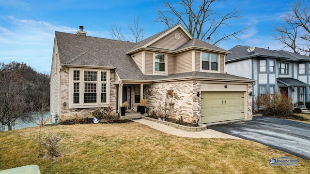 view of front facade featuring a front yard, a shingled roof, a garage, aphalt driveway, and brick siding