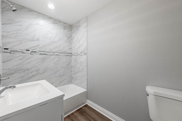 bathroom featuring wood finished floors, baseboards,  shower combination, recessed lighting, and toilet