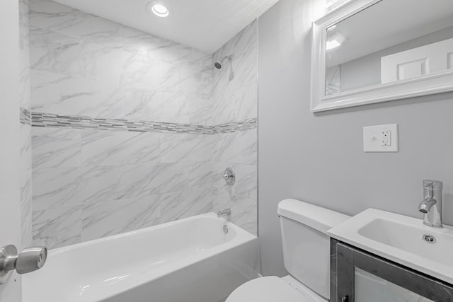 full bath featuring recessed lighting, toilet, shower / washtub combination, and vanity