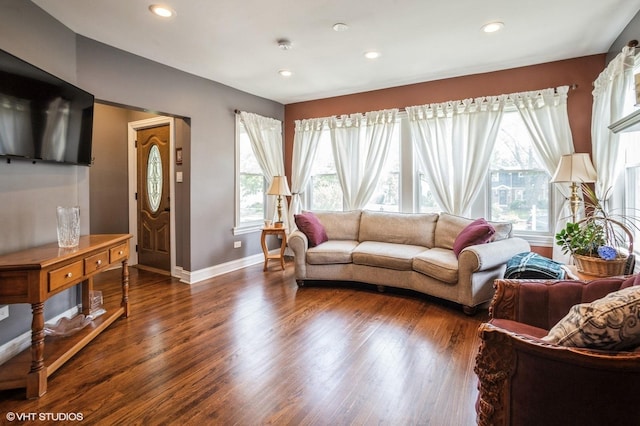 living room featuring recessed lighting, baseboards, and wood finished floors