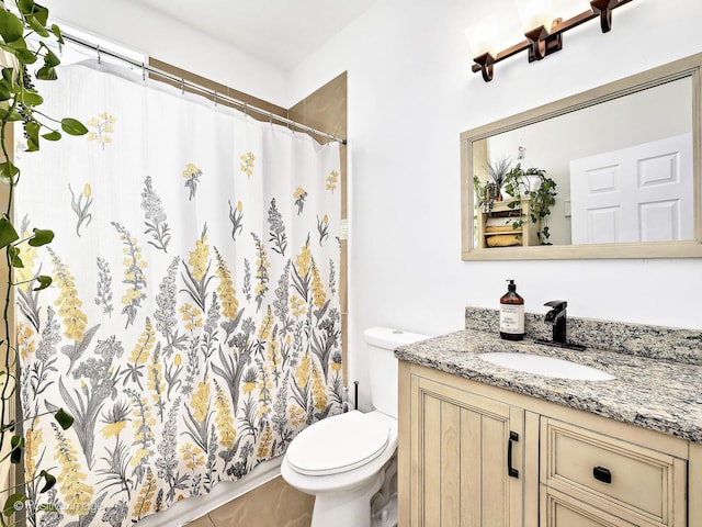 bathroom with vanity, curtained shower, and toilet