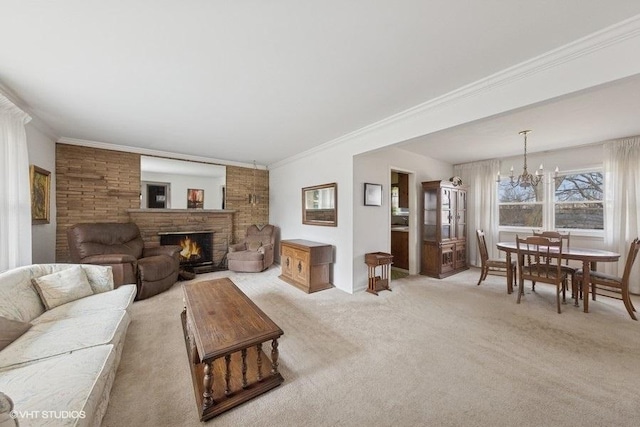 living area featuring light carpet, a notable chandelier, a lit fireplace, and crown molding