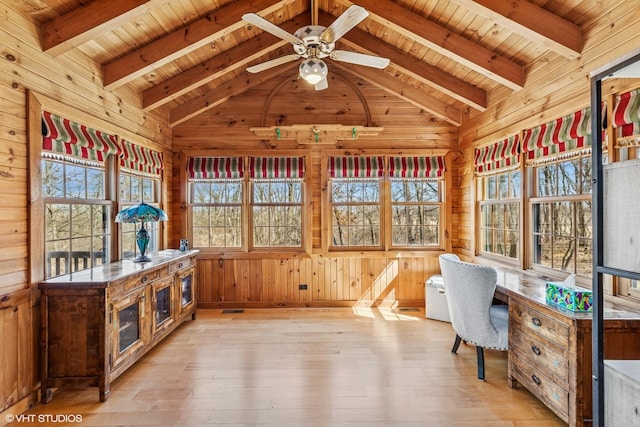 unfurnished office featuring light wood finished floors, ceiling fan, wood walls, lofted ceiling with beams, and wooden ceiling