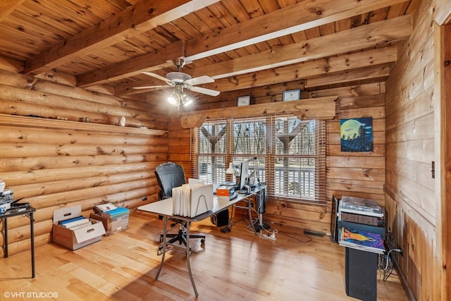 office featuring beam ceiling, wooden ceiling, ceiling fan, and hardwood / wood-style flooring