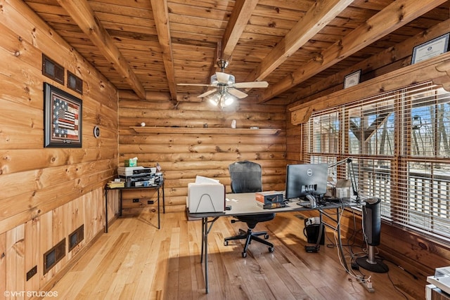 office space with log walls, beam ceiling, ceiling fan, hardwood / wood-style flooring, and wooden ceiling