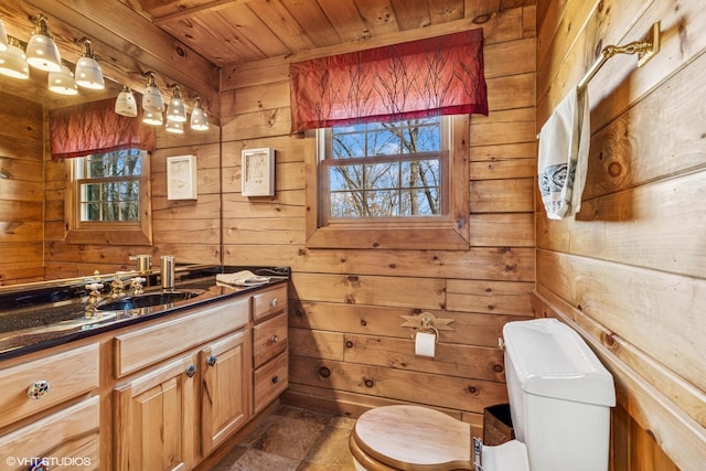 bathroom with wooden walls, a healthy amount of sunlight, and toilet