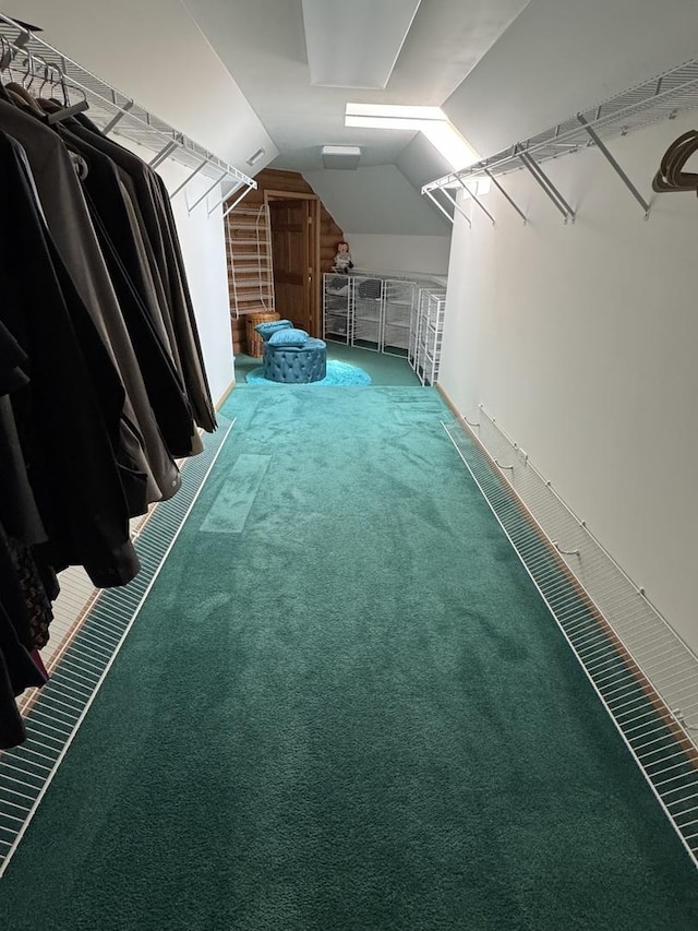 walk in closet with lofted ceiling and carpet flooring