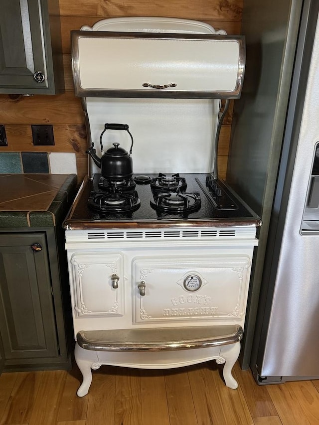 room details featuring dark countertops, light wood-type flooring, and freestanding refrigerator