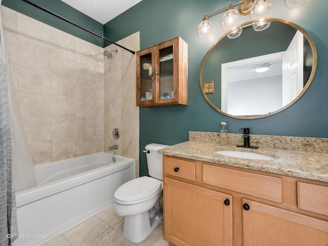 full bath featuring toilet, vanity, and shower / bathtub combination with curtain