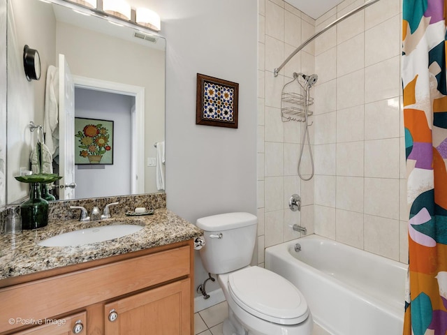 full bath featuring visible vents, toilet, vanity, and shower / bath combination with curtain