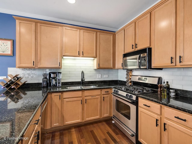 kitchen featuring a sink, backsplash, dark stone countertops, stainless steel appliances, and dark wood-style flooring