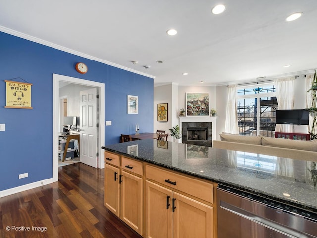 kitchen featuring dark wood-type flooring, ornamental molding, dark stone countertops, a fireplace, and dishwasher