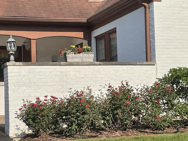 view of exterior entry with brick siding and roof with shingles