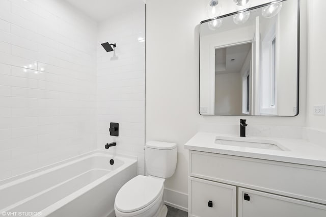 full bathroom with vanity,  shower combination, toilet, and baseboards