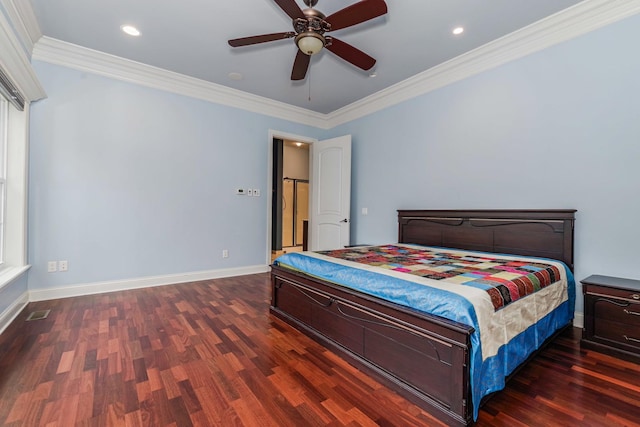 bedroom with crown molding, baseboards, recessed lighting, a ceiling fan, and dark wood-style flooring