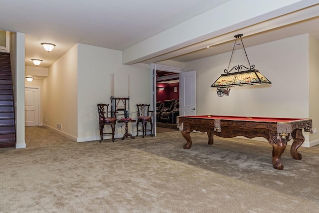 playroom with baseboards, carpet floors, and billiards