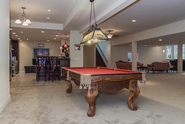 game room with pool table, carpet flooring, and recessed lighting