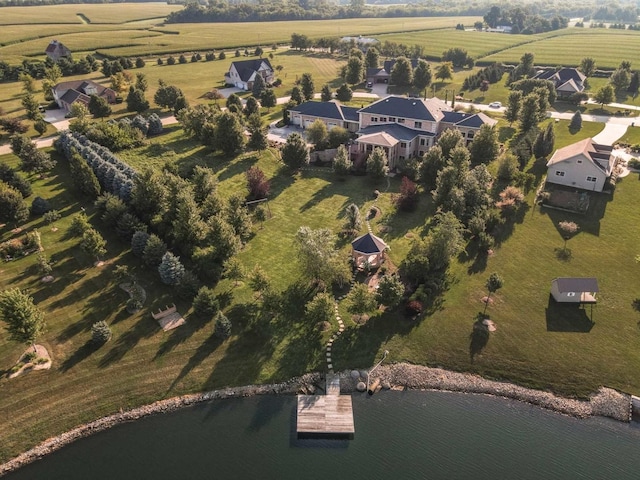 bird's eye view featuring a water view and a rural view