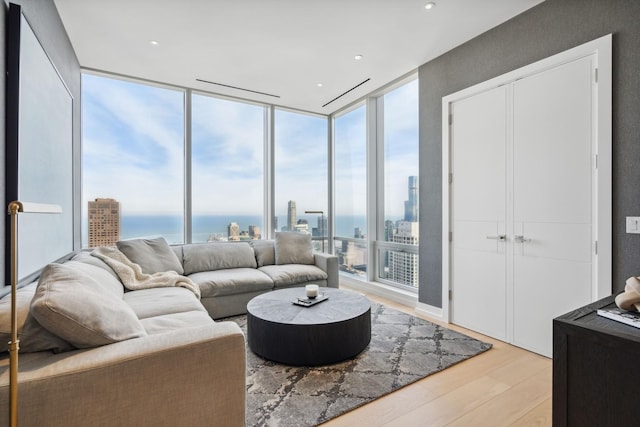 living room featuring a wall of windows, a city view, and light wood finished floors