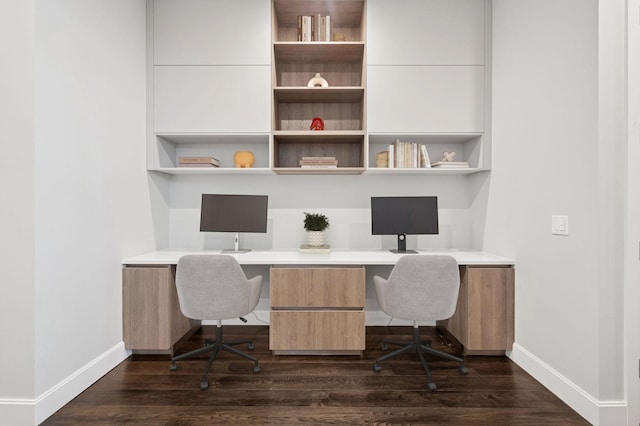 home office with dark wood finished floors and baseboards