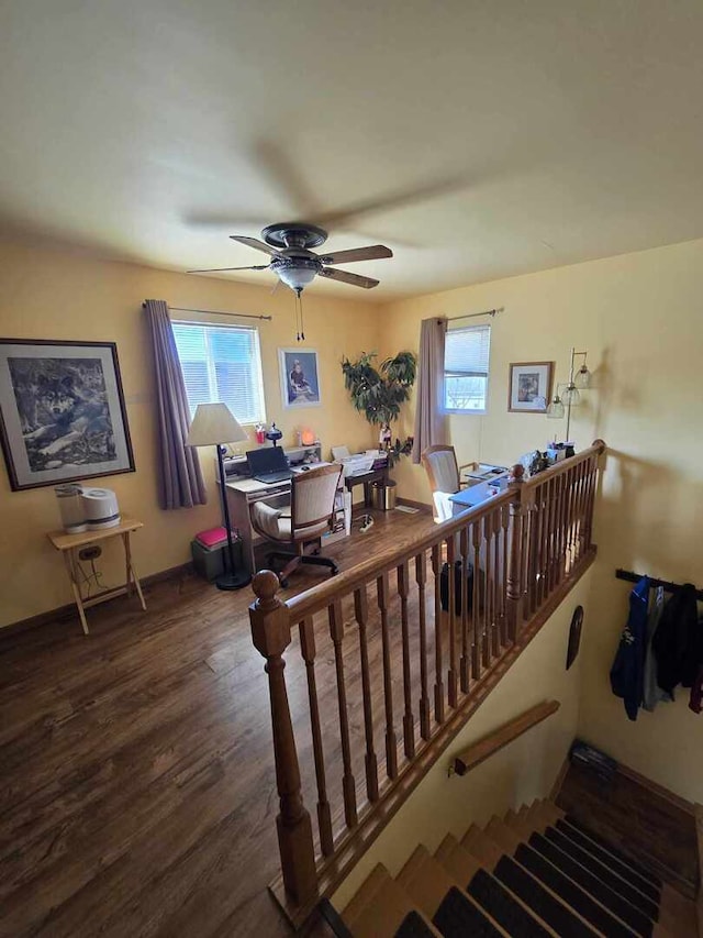 staircase with a ceiling fan, wood finished floors, a healthy amount of sunlight, and baseboards