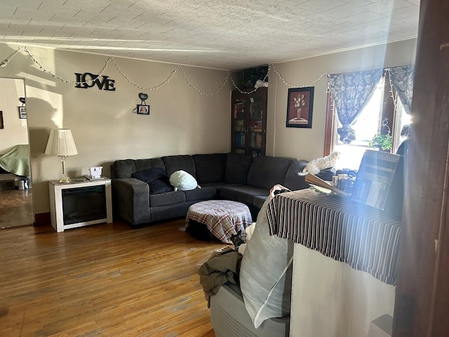 living room with wood finished floors and a textured ceiling