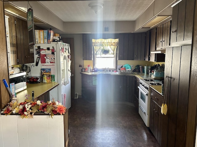 kitchen featuring a sink, dark brown cabinetry, under cabinet range hood, stainless steel microwave, and white gas range