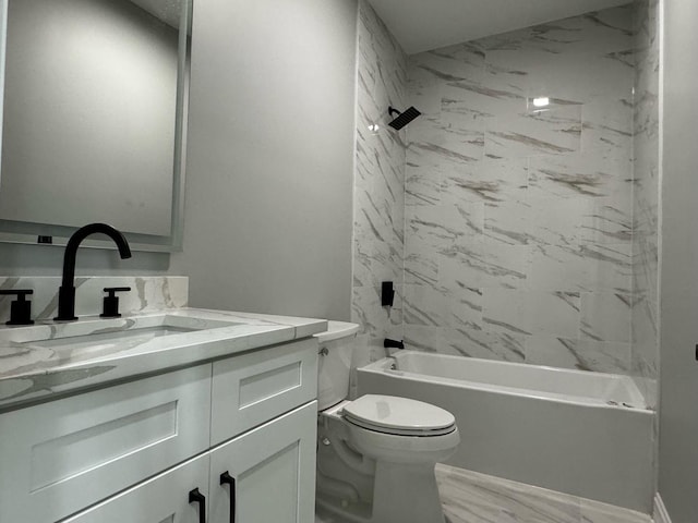 full bath featuring marble finish floor, vanity, toilet, and shower / bathtub combination