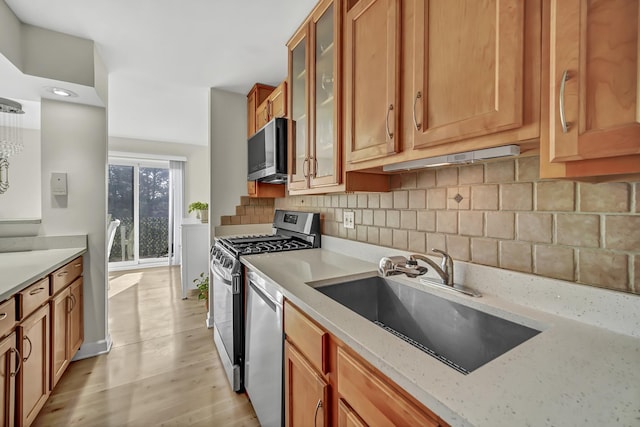 kitchen featuring light wood-type flooring, a sink, light stone counters, appliances with stainless steel finishes, and decorative backsplash