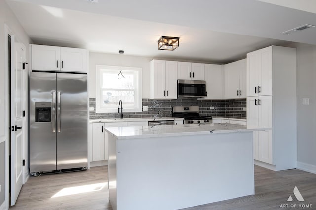 kitchen with stainless steel appliances, backsplash, visible vents, and white cabinetry