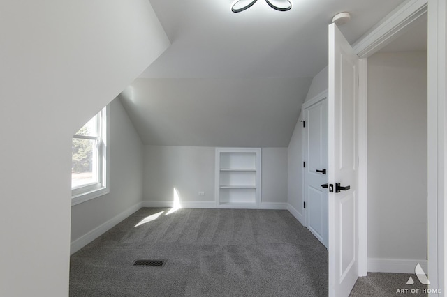 additional living space with visible vents, built in shelves, baseboards, carpet, and lofted ceiling