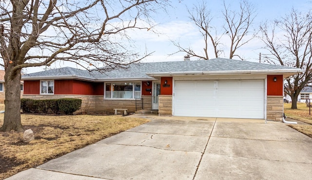 ranch-style home featuring a garage, stone siding, concrete driveway, and a shingled roof