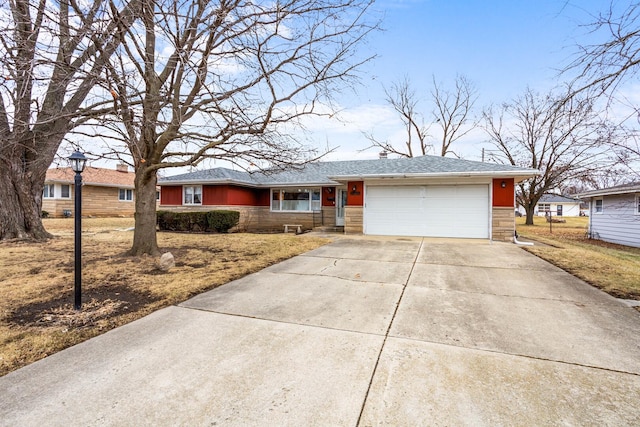 ranch-style house featuring a garage, stone siding, roof with shingles, and driveway