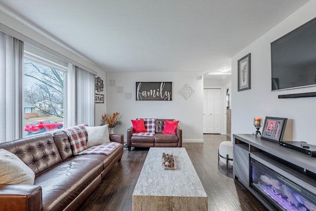 living area featuring baseboards and dark wood-style flooring