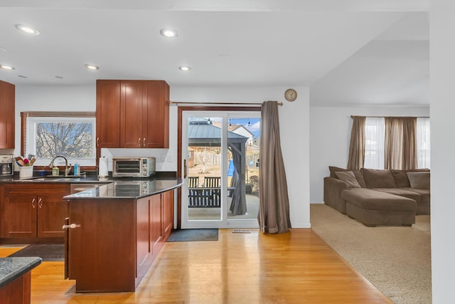 kitchen featuring a toaster, a healthy amount of sunlight, light wood finished floors, and a sink