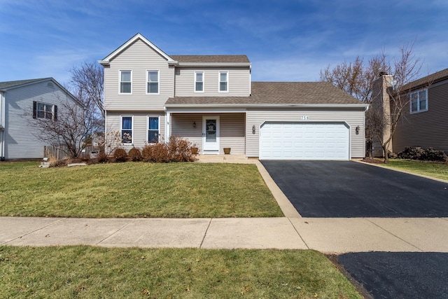 view of front of property with aphalt driveway, a garage, roof with shingles, and a front lawn