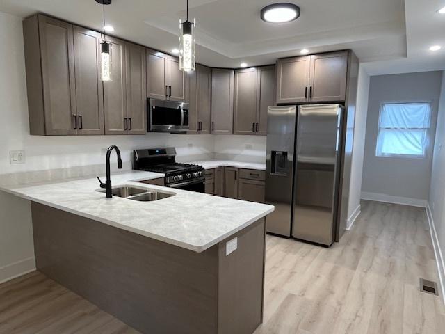 kitchen featuring a tray ceiling, a peninsula, appliances with stainless steel finishes, and a sink