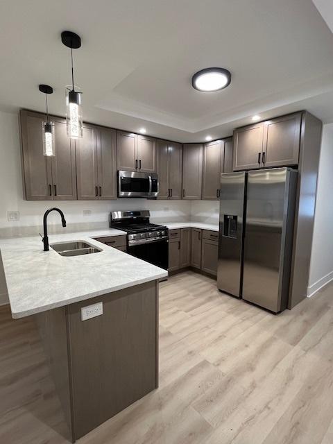 kitchen featuring light wood-style flooring, stainless steel appliances, a sink, a peninsula, and a tray ceiling
