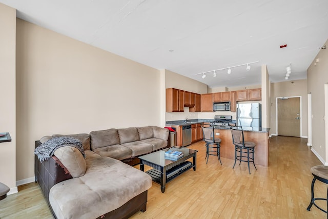 living room with track lighting, light wood-style flooring, and baseboards