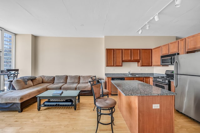 kitchen featuring light wood finished floors, a kitchen island, dark stone counters, appliances with stainless steel finishes, and open floor plan