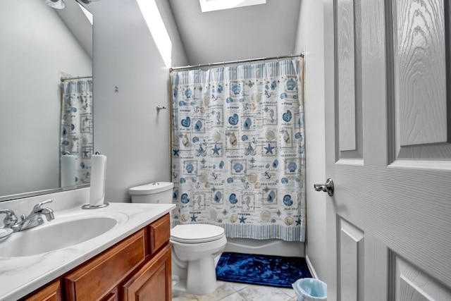 full bathroom featuring shower / bathtub combination with curtain, toilet, a skylight, tile patterned flooring, and vanity